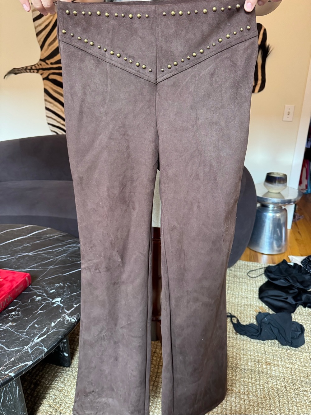 Zara Women's Brown Faux Suede Flared Pants with Stud Detail